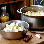 A rustic kitchen setting with a stainless steel pot on the stove, a digital thermometer inserted, and a bowl of fresh cheese curds draining in a cheesecloth-lined colander. In the background, various herbs and spices are displayed on a wooden shelf, capturing the essence of homemade fresh cheese preparation.