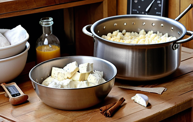 A rustic kitchen setting with a stainless steel pot on the stove, a digital thermometer inserted, and a bowl of fresh cheese curds draining in a cheesecloth-lined colander. In the background, various herbs and spices are displayed on a wooden shelf, capturing the essence of homemade fresh cheese preparation.