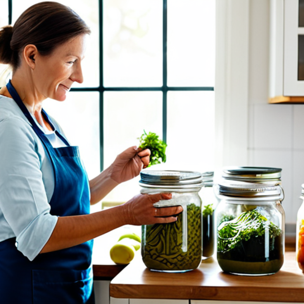 A professional, middle-aged woman, fully clothed in a modest, clean apron over professional casual wear, carefully examining a glass jar filled with fermenting vegetables in a bright, modern kitchen. Natural light streams through a window, illuminating fresh produce on a wooden countertop. Her hands are well-formed and gently hold the jar, showing proper finger count. The scene conveys a sense of calm dedication to healthy food preparation. The overall image is professional photography, with soft focus background, perfect anatomy, correct proportions, natural pose, safe for work, appropriate content, family-friendly.