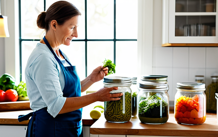 A professional, middle-aged woman, fully clothed in a modest, clean apron over professional casual wear, carefully examining a glass jar filled with fermenting vegetables in a bright, modern kitchen. Natural light streams through a window, illuminating fresh produce on a wooden countertop. Her hands are well-formed and gently hold the jar, showing proper finger count. The scene conveys a sense of calm dedication to healthy food preparation. The overall image is professional photography, with soft focus background, perfect anatomy, correct proportions, natural pose, safe for work, appropriate content, family-friendly.