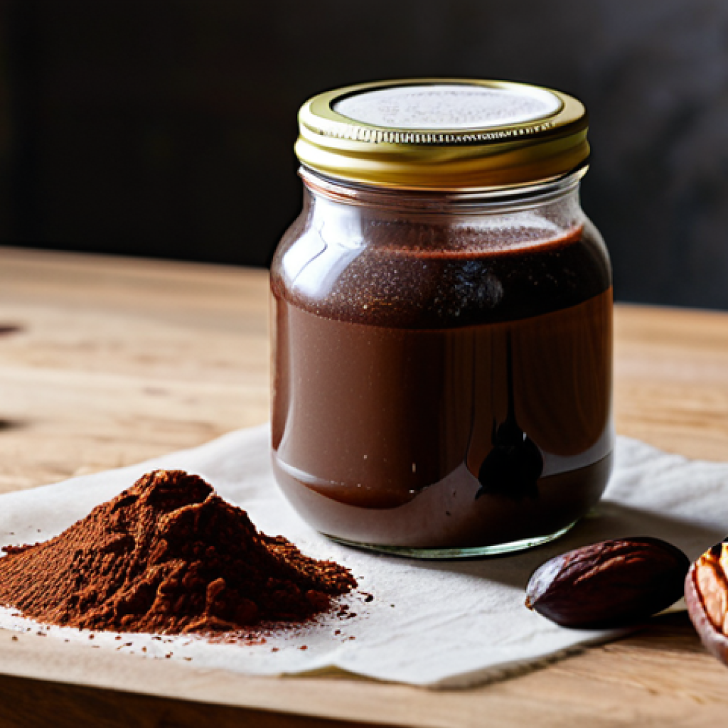A close-up professional studio shot of a clear glass jar filled with rich, dark fermented chocolate cream, showcasing its smooth, luxurious texture and a hint of subtle bubbling from fermentation. Artfully arranged next to the jar on a clean wooden surface are a small pile of high-quality cocoa powder and a few plump, natural dates, suggesting the raw ingredients. The background is a softly blurred, warm-toned, well-lit kitchen or pantry setting, emphasizing artisanal craftsmanship and wholesome quality. The image exudes warmth and deliciousness. professional photography, high-resolution, clean background, safe for work, appropriate content, fully clothed, modest, family-friendly.