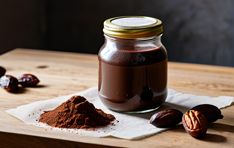 A close-up professional studio shot of a clear glass jar filled with rich, dark fermented chocolate cream, showcasing its smooth, luxurious texture and a hint of subtle bubbling from fermentation. Artfully arranged next to the jar on a clean wooden surface are a small pile of high-quality cocoa powder and a few plump, natural dates, suggesting the raw ingredients. The background is a softly blurred, warm-toned, well-lit kitchen or pantry setting, emphasizing artisanal craftsmanship and wholesome quality. The image exudes warmth and deliciousness. professional photography, high-resolution, clean background, safe for work, appropriate content, fully clothed, modest, family-friendly.