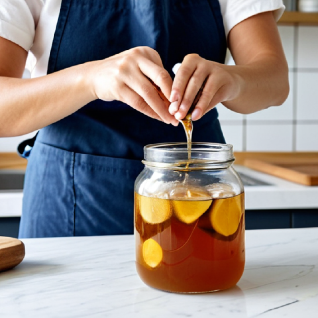 Brewing Kombucha**
"A bright, clean kitchen scene with a woman wearing an apron and practical, modest clothing, carefully pouring cooled tea into a large glass jar. A SCOBY floats gently on top. The jar is covered with breathable fabric secured with a rubber band. The scene emphasizes natural light and a sense of domestic calm. safe for work, appropriate content, fully clothed, professional photography, perfect anatomy, natural proportions, family-friendly."
**