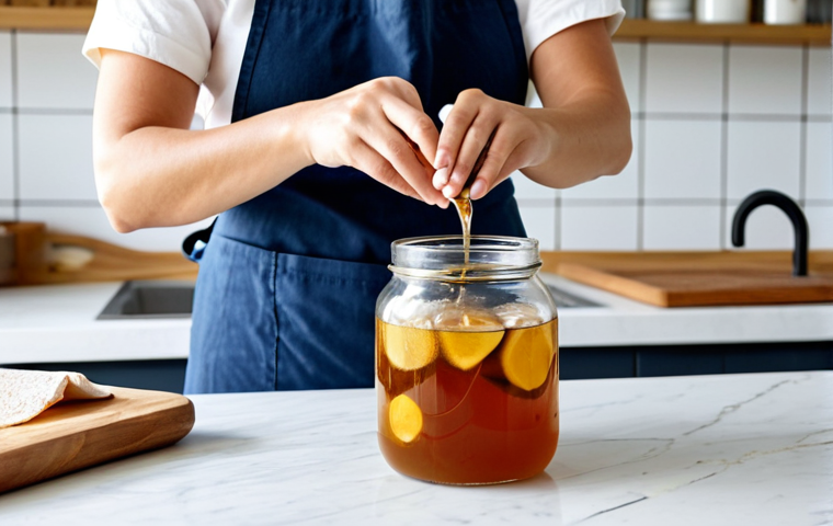 Brewing Kombucha**
"A bright, clean kitchen scene with a woman wearing an apron and practical, modest clothing, carefully pouring cooled tea into a large glass jar. A SCOBY floats gently on top. The jar is covered with breathable fabric secured with a rubber band. The scene emphasizes natural light and a sense of domestic calm. safe for work, appropriate content, fully clothed, professional photography, perfect anatomy, natural proportions, family-friendly."
**