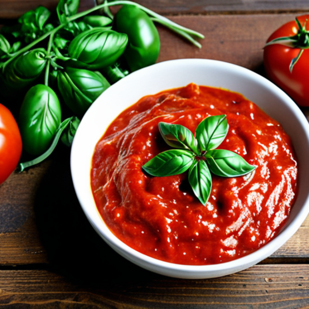 **
"Close-up shot of a bowl of homemade fermented pizza sauce, vibrant red color, with visible herbs and spices. San Marzano tomatoes prominently displayed nearby. Rustic wooden table background. Professional food photography, high detail, perfect lighting, fully clothed, appropriate content, safe for work, family-friendly, correct proportions."
**