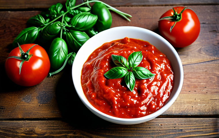 **
"Close-up shot of a bowl of homemade fermented pizza sauce, vibrant red color, with visible herbs and spices. San Marzano tomatoes prominently displayed nearby. Rustic wooden table background. Professional food photography, high detail, perfect lighting, fully clothed, appropriate content, safe for work, family-friendly, correct proportions."
**