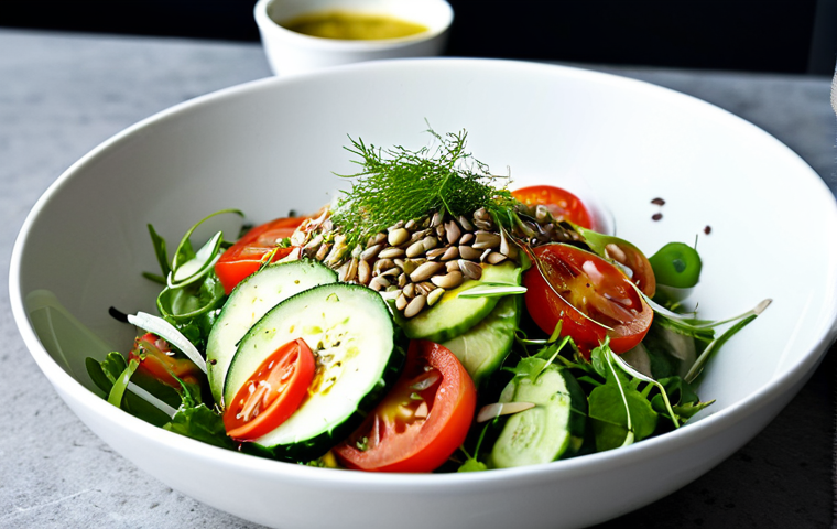 자가 발효식으로 만드는 간단한 드레싱 레시피 - **Image Prompt 1: Fermented Vinaigrette Salad**
A vibrant close-up shot of a fresh Swedish salad, d...