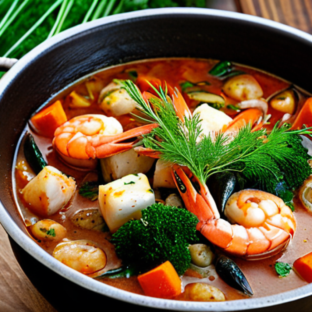 자가 발효로 만든 조개찜 양념 - **Image Prompt:** Close-up shot of a simmering seafood stew in a rustic pot, garnished with fresh di...