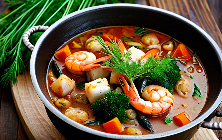 자가 발효로 만든 조개찜 양념 - **Image Prompt:** Close-up shot of a simmering seafood stew in a rustic pot, garnished with fresh di...