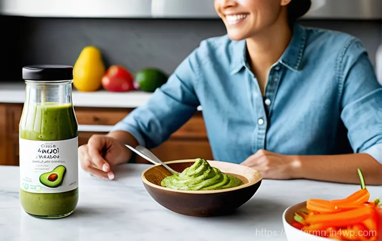 자가 발효로 만드는 아보카도 소스 - **"Fermentation Magic: Vibrant Avocado Transformation"**
    A close-up, brightly lit studio shot of...