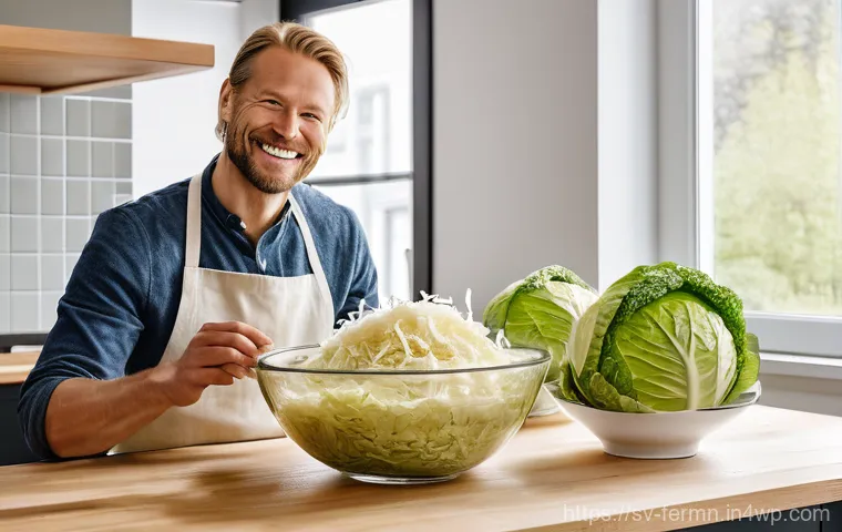 자가 발효로 만든 건강식 레시피 - Image Prompt 1: The Joy of Homemade Sauerkraut in a Scandinavian Kitchen**