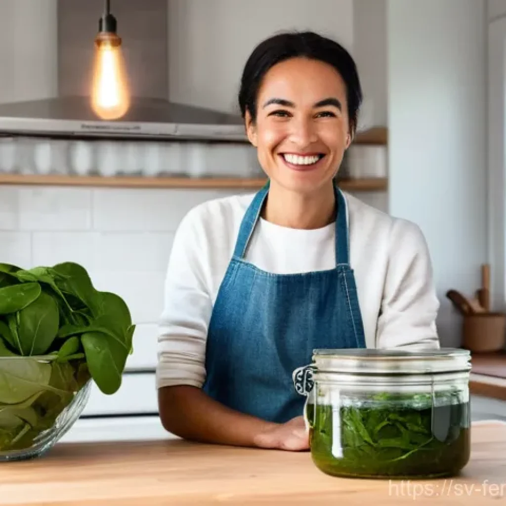 자가 발효로 만든 시금치 피클 - **Prompt:** A woman in her late 30s, with a warm, content smile, stands in a bright, modern kitchen ...