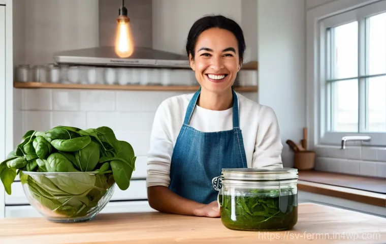 자가 발효로 만든 시금치 피클 - **Prompt:** A woman in her late 30s, with a warm, content smile, stands in a bright, modern kitchen ...
