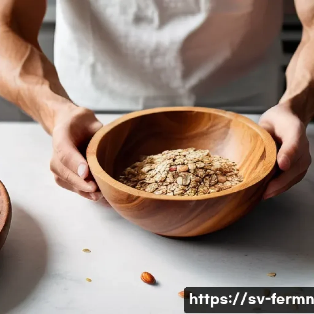 자가 발효로 만드는 에너지바 - A close-up shot of a bright, minimalist kitchen counter bathed in natural light. Various wholesome i...