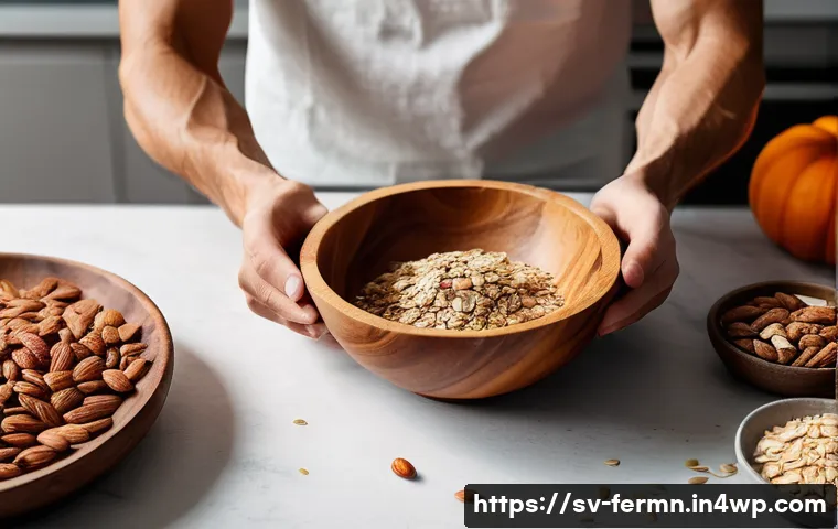 자가 발효로 만드는 에너지바 - A close-up shot of a bright, minimalist kitchen counter bathed in natural light. Various wholesome i...