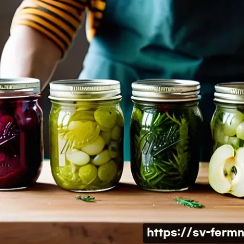 Home 33 자가 발효 채소와 과일의 궁합 - **A close-up, vibrant shot of several glass jars filled with homemade fermented vegetables and fruit...