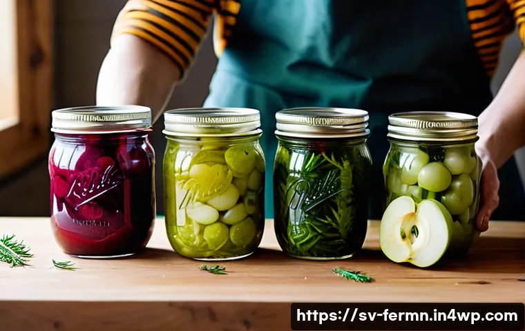 자가 발효 채소와 과일의 궁합 - **A close-up, vibrant shot of several glass jars filled with homemade fermented vegetables and fruit...