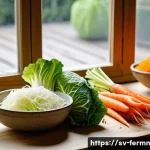 Home 20 자가 발효 김치 레시피와 효능 - A cozy Scandinavian kitchen scene featuring a rustic wooden table with fresh napa cabbage and crisp ...