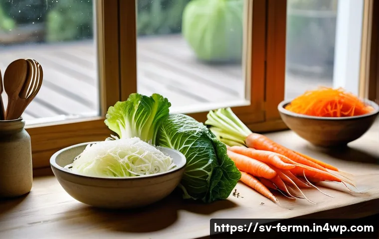 자가 발효 김치 레시피와 효능 - A cozy Scandinavian kitchen scene featuring a rustic wooden table with fresh napa cabbage and crisp ...