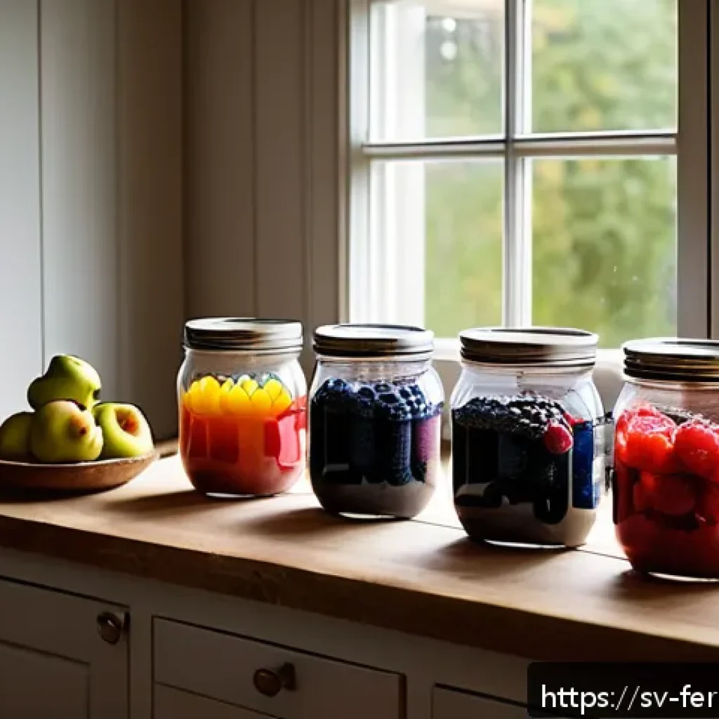 자가 발효 후주 과일주스 조리법 - A rustic Scandinavian kitchen scene showcasing a wooden table with freshly picked ripe organic apple...