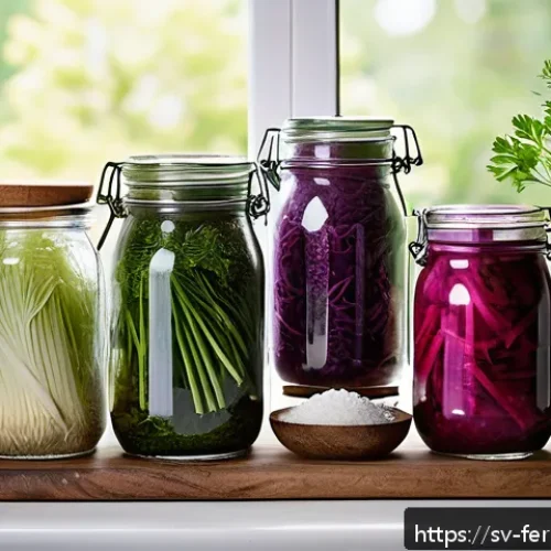 Home 17 홈메이드 자가 발효 공정과 방법 - A rustic kitchen scene featuring a variety of fresh, organic vegetables ideal for fermentation, incl...