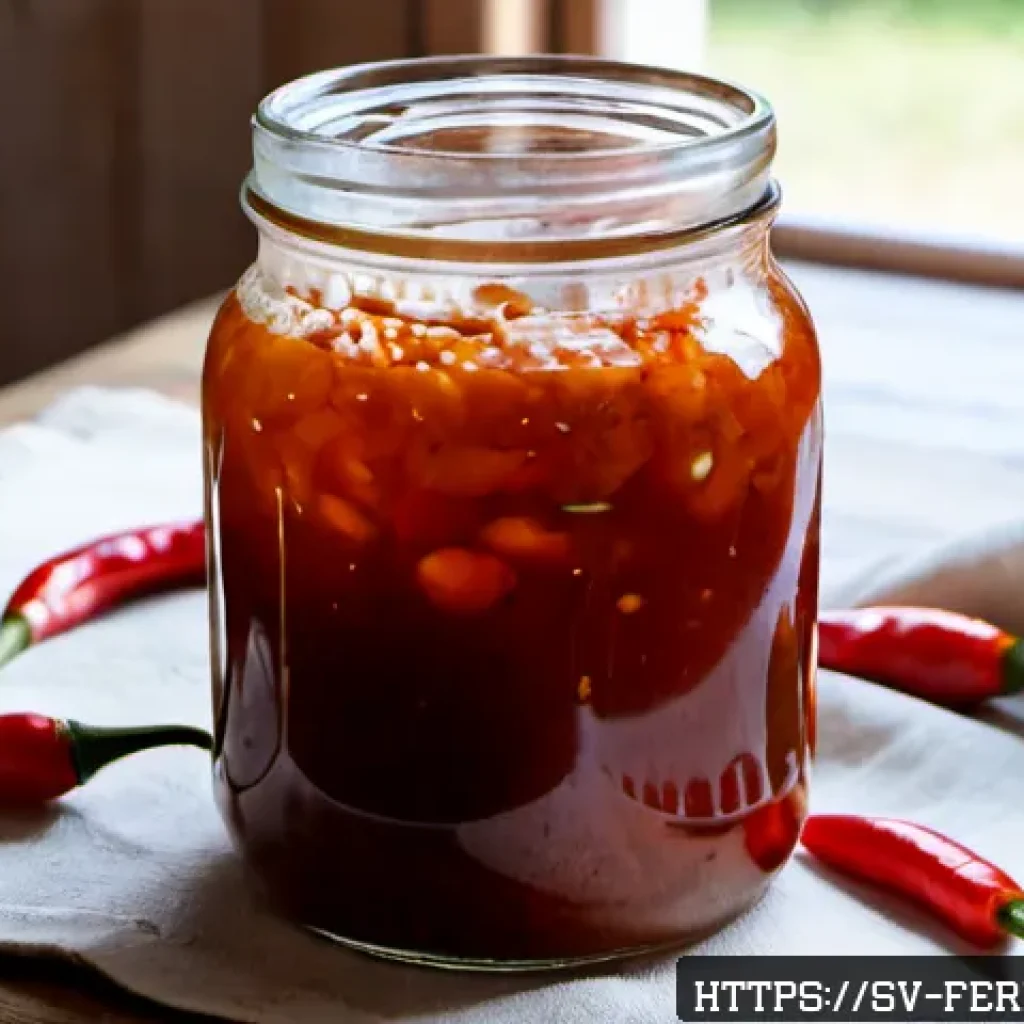 자가 발효로 만든 매운 소스 - Photorealistic close-up of a homemade self-fermented spicy sauce in a clear glass jar on a rustic Sw...