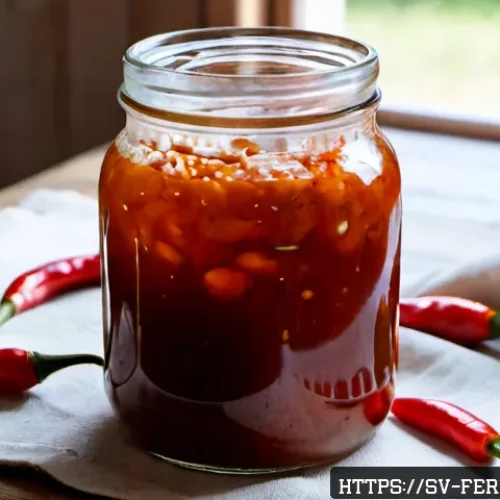 Home 17 자가 발효로 만든 매운 소스 - Photorealistic close-up of a homemade self-fermented spicy sauce in a clear glass jar on a rustic Sw...