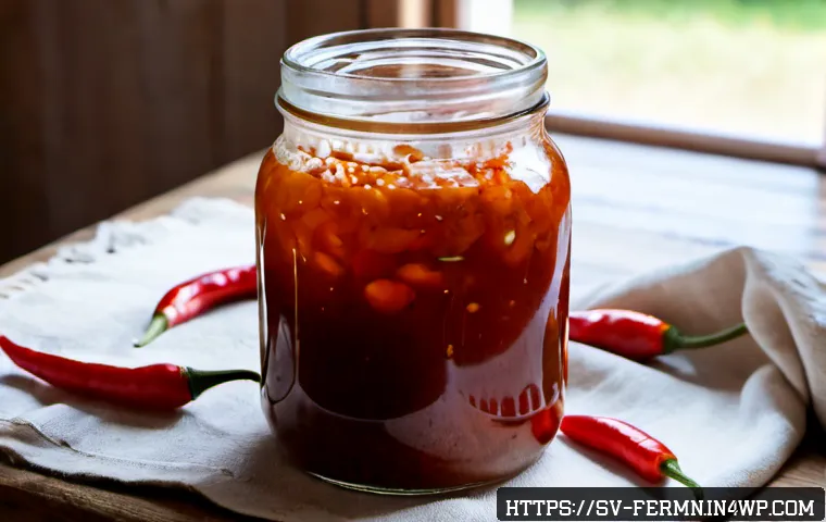 자가 발효로 만든 매운 소스 - Photorealistic close-up of a homemade self-fermented spicy sauce in a clear glass jar on a rustic Sw...