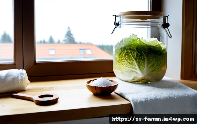 자가 발효 식품의 종류와 만드는 법 - Photorealistic Scandinavian home kitchen, a clear step-by-step fermentation scene with a large glass...