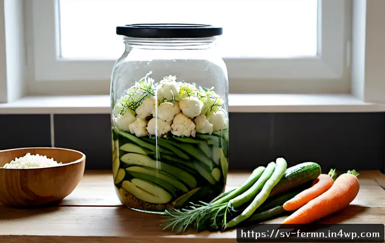Home 17 다양한 채소로 만드는 자가 발효 피클 레시피 - Photorealistic Scandinavian home kitchen scene, a clear wide-mouth glass fermentation jar filled wit...