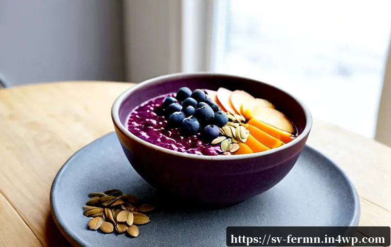 자가 발효로 만든 스무디볼 - Photorealistic close-up of a homemade fermented berry smoothie bowl on a light Scandinavian wooden t...